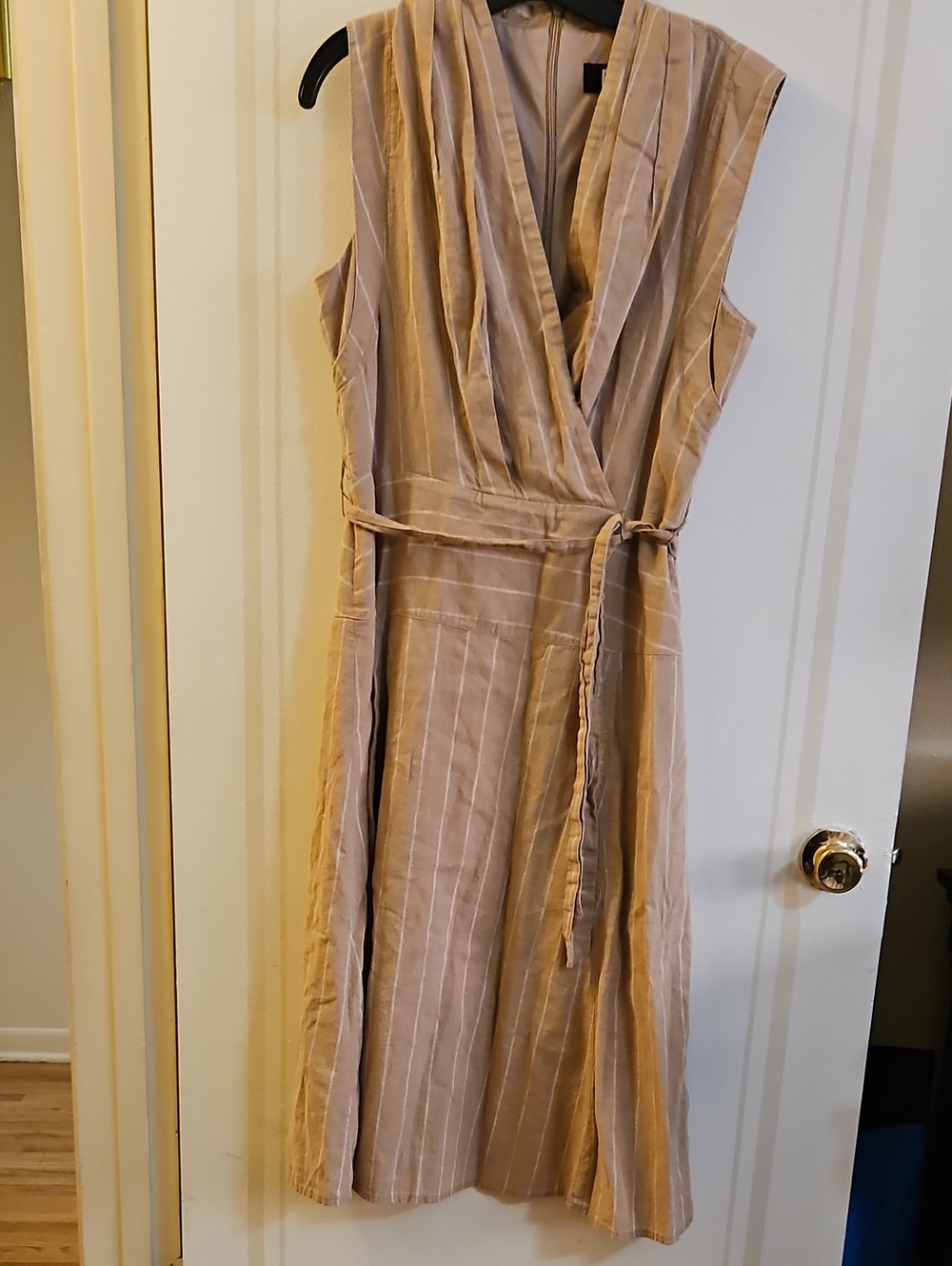 DKNY Beige Pinstripe Linen Mock Wrap Midi Dress with Waist Tie, Sz 10